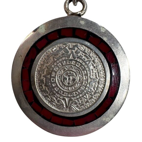 VTG Sterling Silver Pendant Necklace Coral Red Silver Mayan Calendar 22" Chain - Picture 8 of 8
